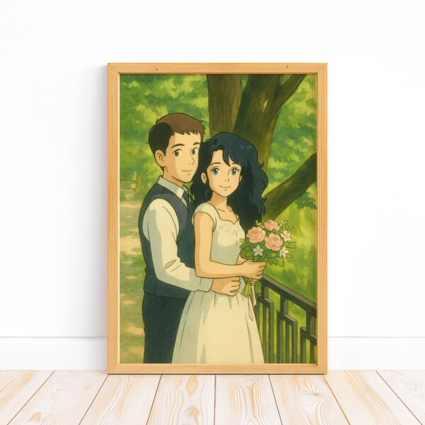 Charming Vintage Wedding Art Print: Joyful Couple in Elegant Attire with Floral Bouquet - Image 3
