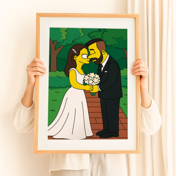 Whimsical Cartoon Wedding Art Print in Iconic Style – Celebrate Love with a Unique Simpsons-Inspired Design - Image 3