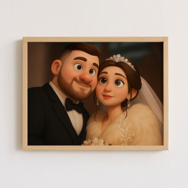 Charming Cartoon Wedding Portrait of a Bride and Groom in Whimsical Art Style for Your Home Decor - Image 3