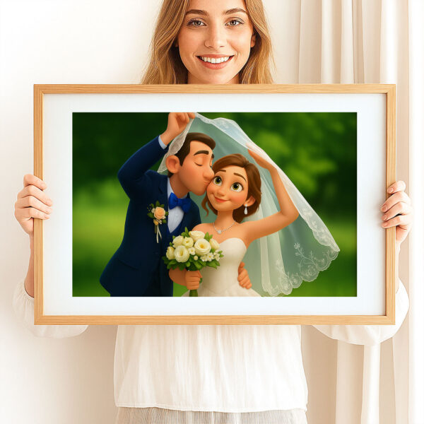 Charming Cartoon Wedding Portrait of a Bride and Groom in a Lush Forest Setting - Image 3