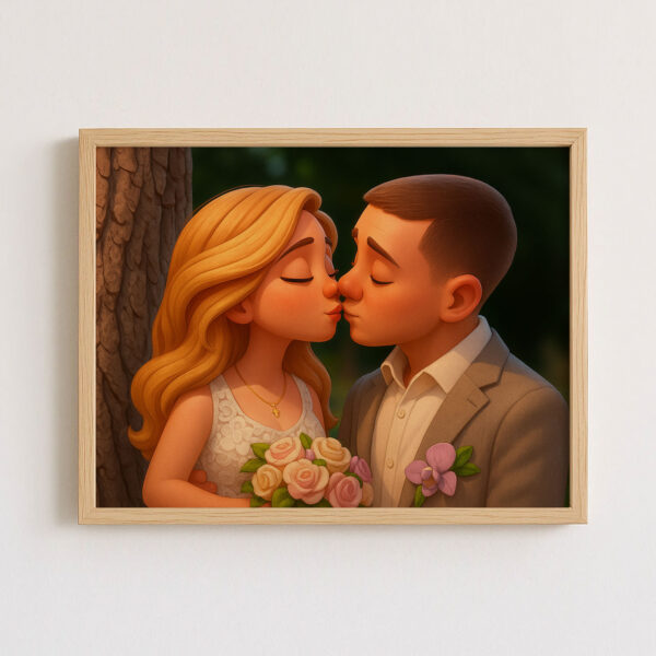 Charming Cartoon Wedding Portrait of Happy Couple in Vibrant Animation Style - Ideal for Home Decor - Image 3