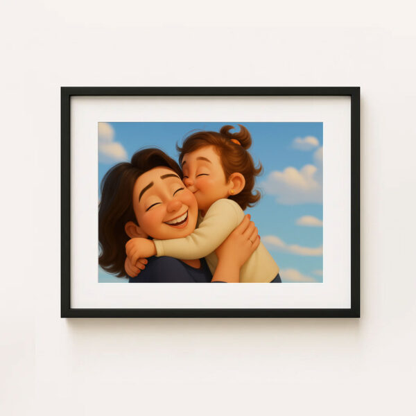 Heartwarming Cartoon Painting of a Girl and Her Mother Embracing on the Beach – Perfect Gift for Family Love - Image 3