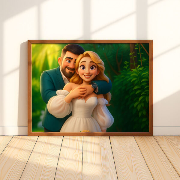 Charming Cartoon Wedding Art Print: Beautiful Bride and Groom in Vibrant Animation Style for Your Home Décor - Image 3