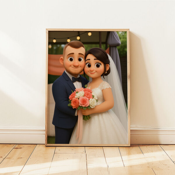 Charming Cartoon Wedding Artwork: Celebrating Love with a Cute Bride and Groom Illustration in a Whimsical Style - Image 3