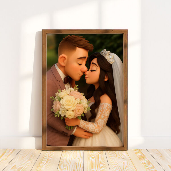 Whimsical Wedding Portrait: Charming Animated Style Art of Bride and Groom Embracing, Perfect for Love Celebrations - Image 3