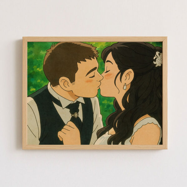 Romantic Animated Wedding Kiss Artwork in Soft Pastel Colors - Perfect for Home Decor and Gift Ideas - Image 3