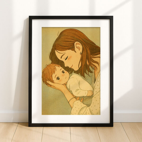 Heartwarming Anime Art: Tender Mother and Baby Embrace Illustration for Cozy Home Decor - Image 3