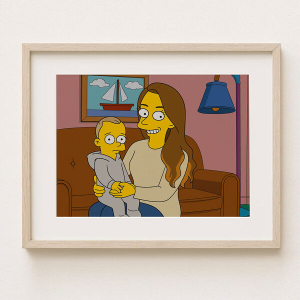 Charming Family Art: Simpsons-Inspired Illustration of a Mother Holding Her Baby in a Cozy Living Room Setting - Image 3