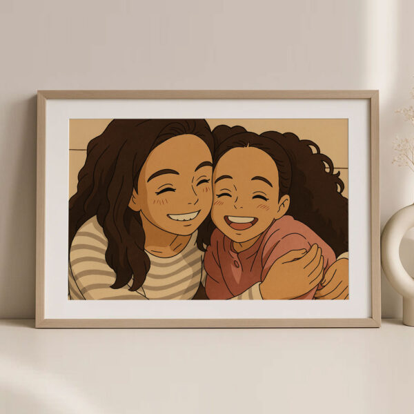 Charming Sisterly Bond: Joyful Anime-Inspired Art Print of Two Girls Smiling Together - Image 3