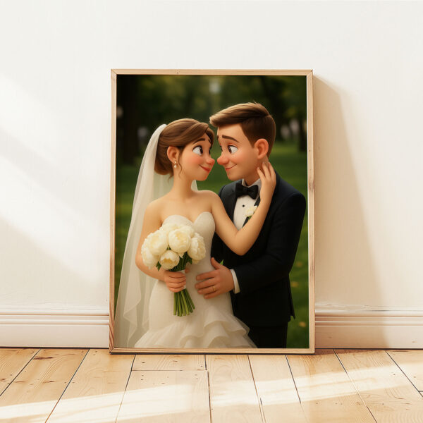 Charming Animated Wedding Portrait of a Bride and Groom – Perfect for Celebrating Love and Romance - Image 2