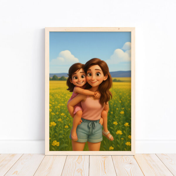 Charming Cartoon Family Portrait of Mother and Daughter Embracing in Joyful Moment - Image 3