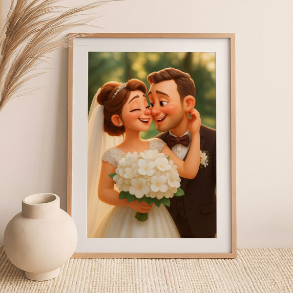 Charming Cartoon Wedding Portrait: Joyful Couple Embracing with Flowers in a Whimsical Art Style - Image 4