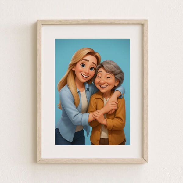 Heartwarming Family Portrait: Charming Cartoon Style Illustration of a Grandmother and Granddaughter Embracing Joyfully - Image 4