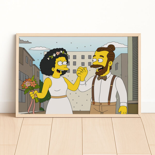 Whimsical Cartoon Wedding Art Print Featuring Cheerful Couple in Unique Animated Style - Image 4