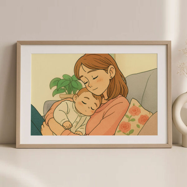 Cozy Mother and Baby Art Print in Soft Colors – Heartwarming Illustration for Nursery or Home Décor - Image 4