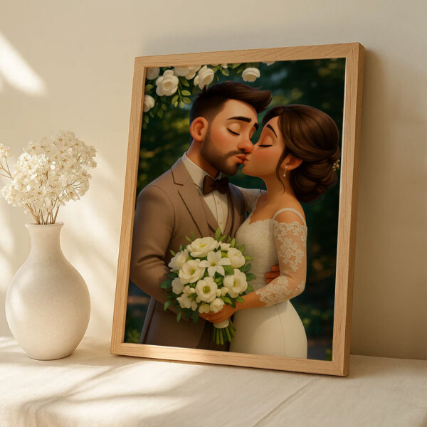 Charming Cartoon Wedding Portrait of a Loving Couple – Perfect for Home Decor and Gifts - Image 4
