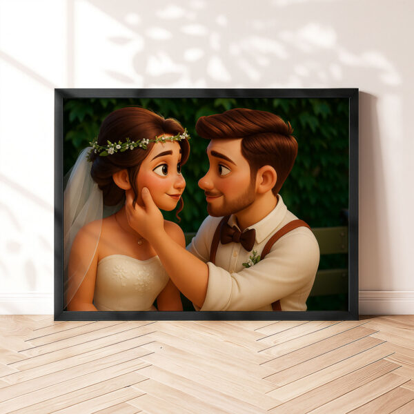 Whimsical Disney-Inspired Wedding Art Print of Loving Couple in Romantic Setting - Image 4