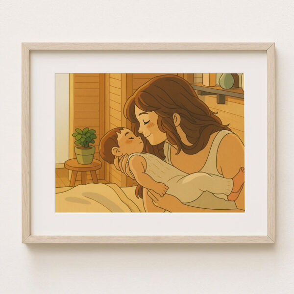 Sweet Embrace: Charming Illustrated Art Print of a Mother and Baby Bonding in Warm Tones for Cozy Home Decor - Image 4