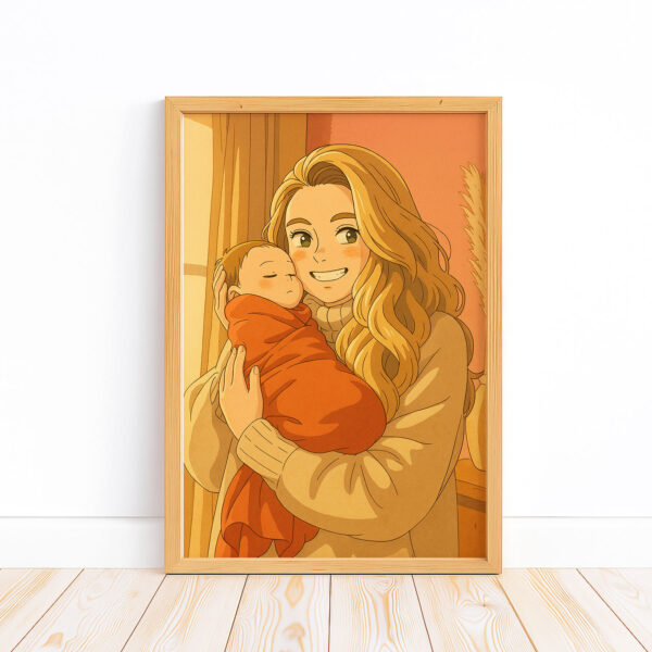 Heartwarming Illustrated Art: Mother Hugging Baby in Cozy Orange Blanket – Perfect for Nursery Decor and Gift Ideas - Image 4