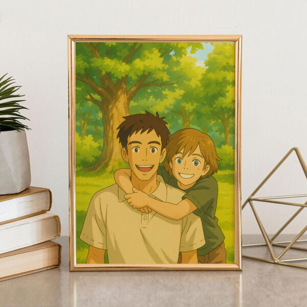 Charming Cartoon Style Artwork of Father and Son Enjoying Nature - Perfect for Family and Kids' Room Decor - Image 4