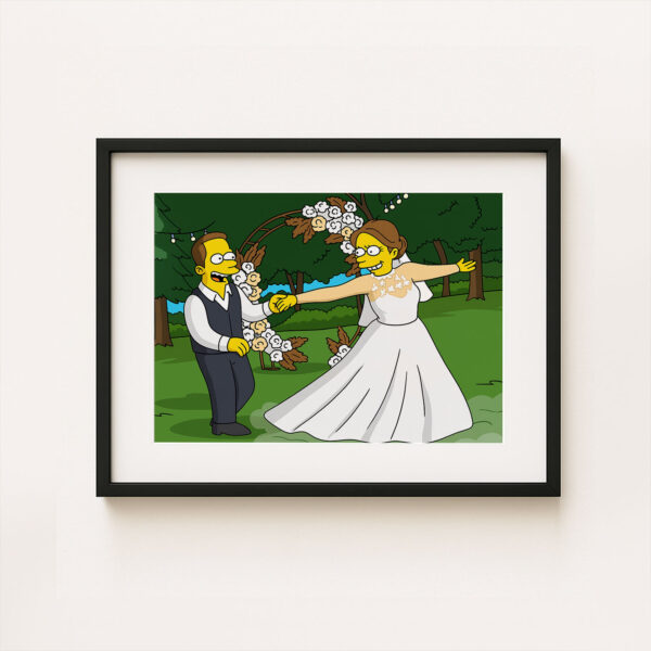 Whimsical Cartoon Wedding Art Print Featuring Homer and Marge in Iconic Simpsons Style - Image 4