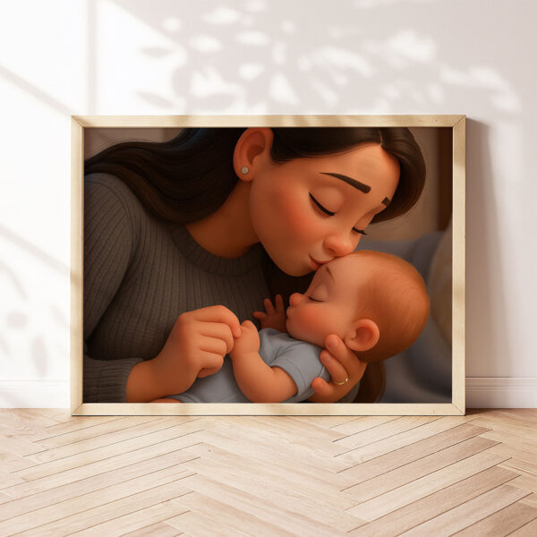 Heartwarming Cartoon Art Print of Mother and Baby Cherishing a Sweet Moment Together – Perfect Decor for Nursery and Home - Image 4