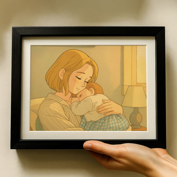 Heartwarming Illustration of a Mother Embracing Her Baby - Cozy Home Decor Art Print in Smooth Cartoon Style - Image 4