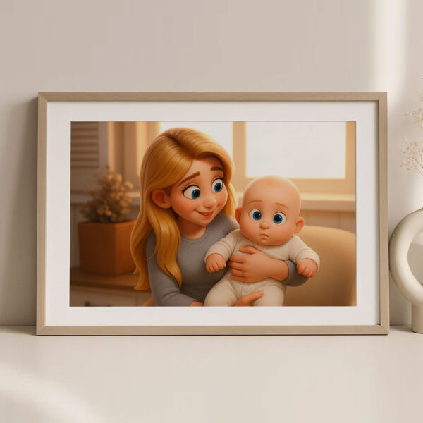 Charming Cartoon Art Print of a Loving Mother and Baby - Heartwarming Home Decor for Family Spaces - Image 4