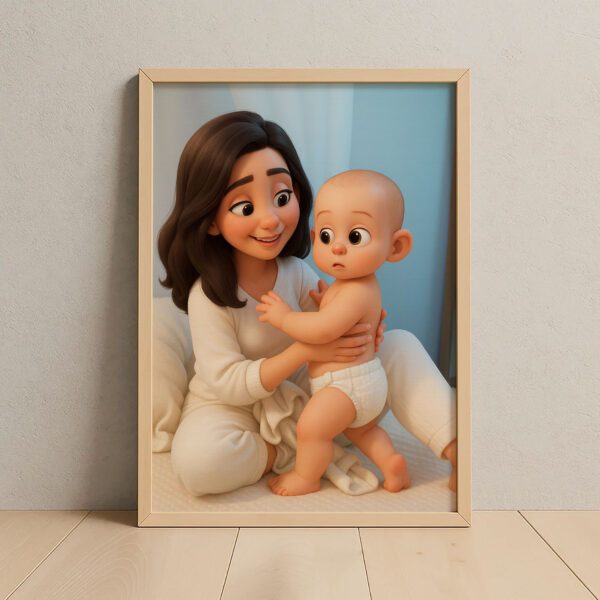 Adorable Cartoon Art Print of Loving Mother and Baby - Perfect Nursery Decor in Charming Style for Family Moments - Image 4