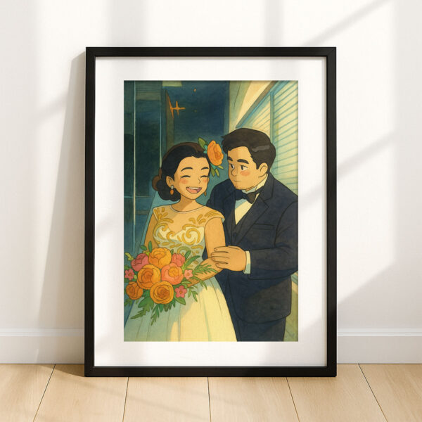 Charming Vintage Wedding Art Print: Joyful Couple in Elegant Attire with Floral Bouquet - Image 4