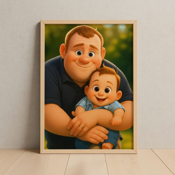 Charming Family Portrait Artwork: Heartwarming Animated Style Capture of Dad with Kids - Image 4