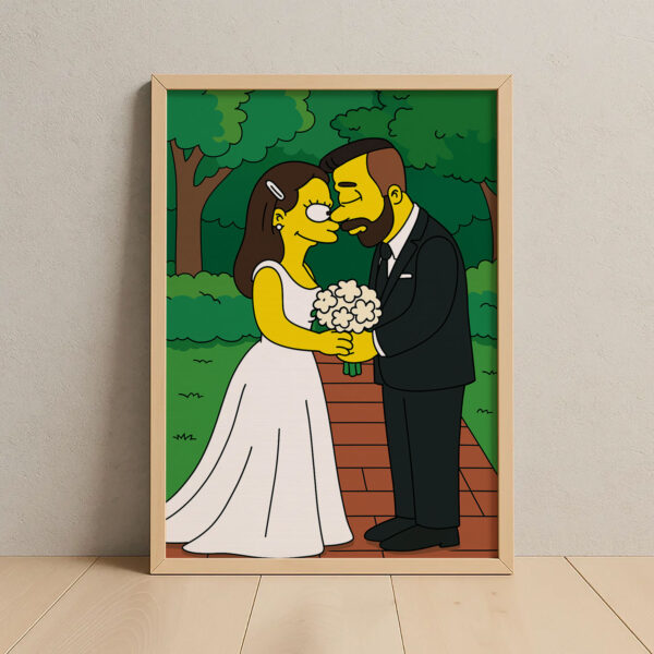 Whimsical Cartoon Wedding Art Print in Iconic Style – Celebrate Love with a Unique Simpsons-Inspired Design - Image 4