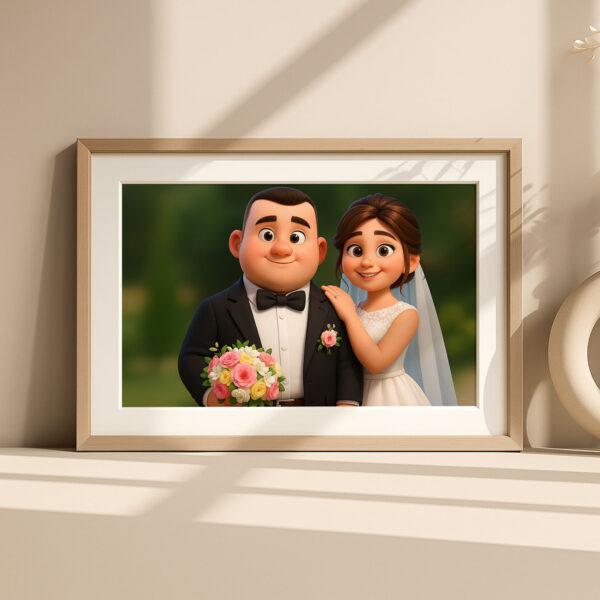 Charming Cartoon Wedding Portrait of a Bride and Groom in Whimsical Art Style for Your Home Decor - Image 4