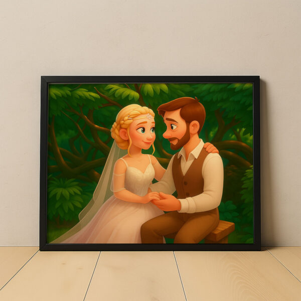 Charming Cartoon Wedding Portrait of a Bride and Groom in a Lush Forest Setting - Image 4