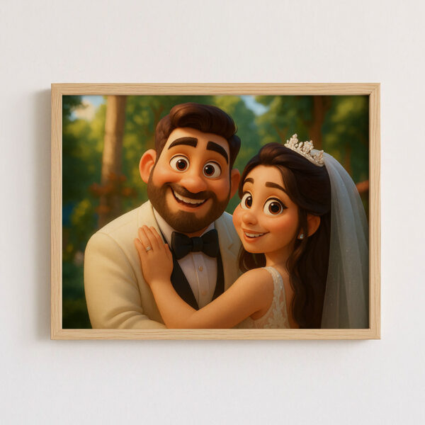 Charming Cartoon Wedding Portrait of Happy Couple in Vibrant Animation Style - Ideal for Home Decor - Image 4