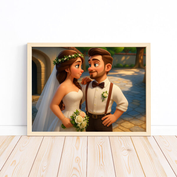 Charming Cartoon Wedding Art Print: Beautiful Bride and Groom in Vibrant Animation Style for Your Home Décor - Image 4