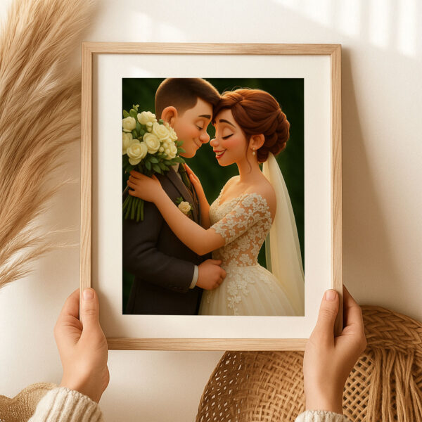 Whimsical Wedding Portrait: Charming Animated Style Art of Bride and Groom Embracing, Perfect for Love Celebrations - Image 4