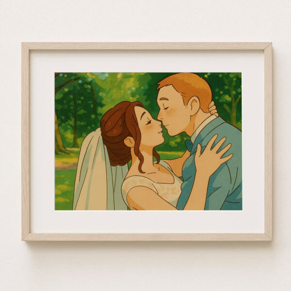 Romantic Animated Wedding Kiss Artwork in Soft Pastel Colors - Perfect for Home Decor and Gift Ideas - Image 4