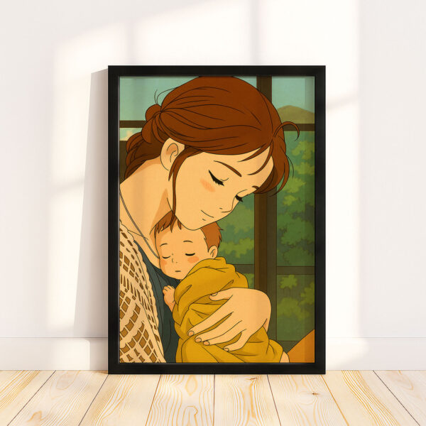 Heartwarming Anime Art: Tender Mother and Baby Embrace Illustration for Cozy Home Decor - Image 4