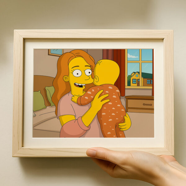 Charming Family Art: Simpsons-Inspired Illustration of a Mother Holding Her Baby in a Cozy Living Room Setting - Image 4