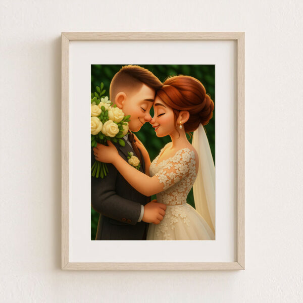 Charming Cartoon Wedding Portrait: Joyful Couple Embracing with Flowers in a Whimsical Art Style - Image 5
