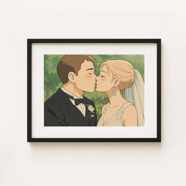 Romantic Cartoon Wedding Kiss Art Print - Elegant Couple Illustration for Home Décor - Image 5