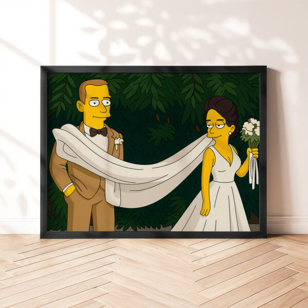 Whimsical Cartoon Wedding Art Print Featuring Cheerful Couple in Unique Animated Style - Image 5
