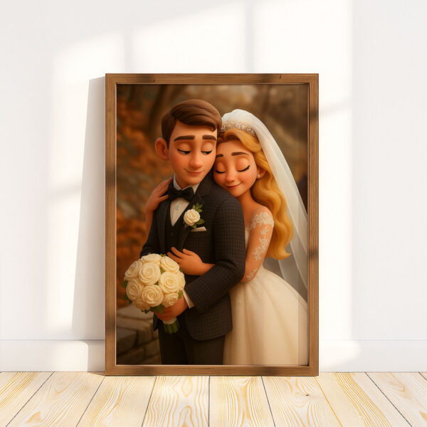 Charming Cartoon Wedding Portrait of a Loving Couple – Perfect for Home Decor and Gifts - Image 5