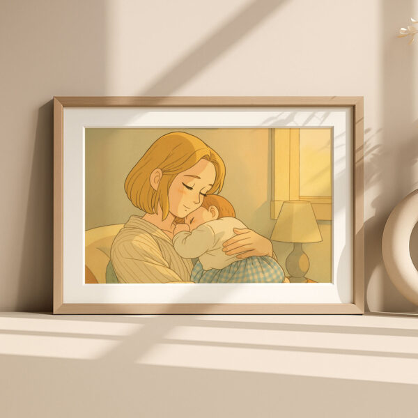 Sweet Embrace: Charming Illustrated Art Print of a Mother and Baby Bonding in Warm Tones for Cozy Home Decor - Image 5