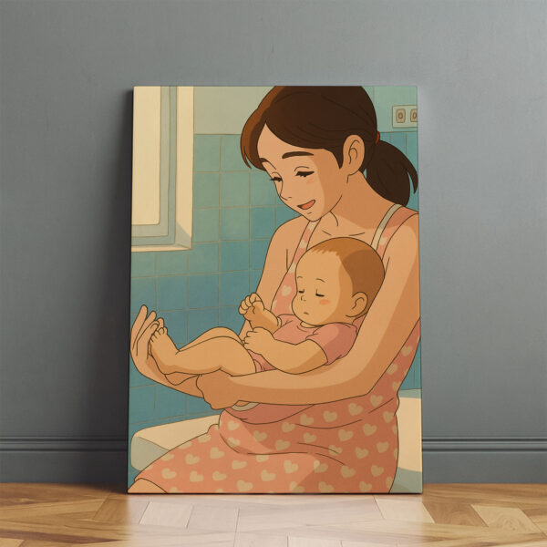 Heartwarming Illustrated Art: Mother Hugging Baby in Cozy Orange Blanket – Perfect for Nursery Decor and Gift Ideas - Image 5