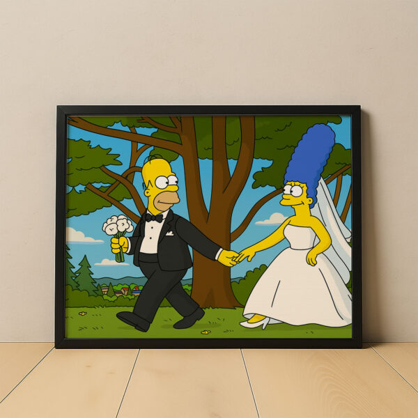 Whimsical Cartoon Wedding Art Print Featuring Homer and Marge in Iconic Simpsons Style - Image 5