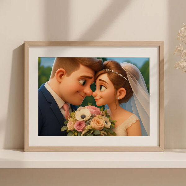 Charming Cartoon Wedding Kiss Art Print – Perfect Gift for Newlyweds and Couples in Love - Image 5