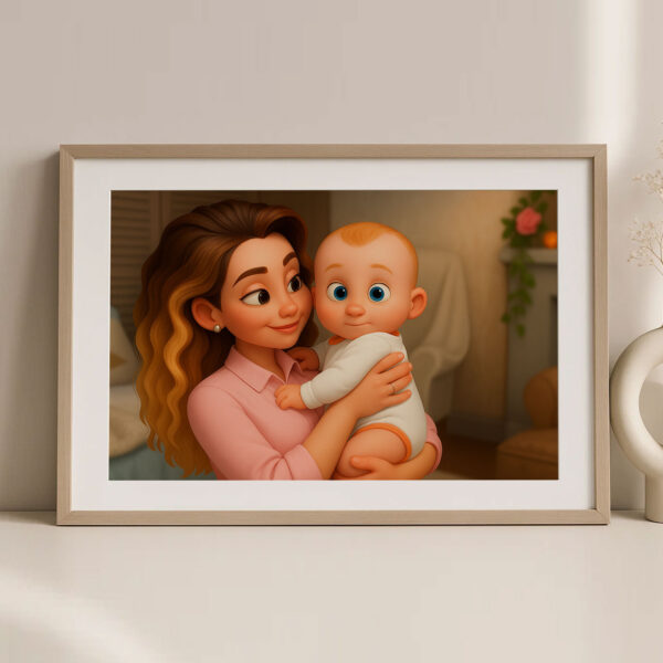 Charming Cartoon Art Print of a Loving Mother and Baby - Heartwarming Home Decor for Family Spaces - Image 5