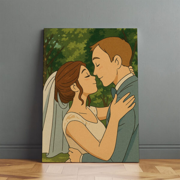 Charming Vintage Wedding Art Print: Joyful Couple in Elegant Attire with Floral Bouquet - Image 5